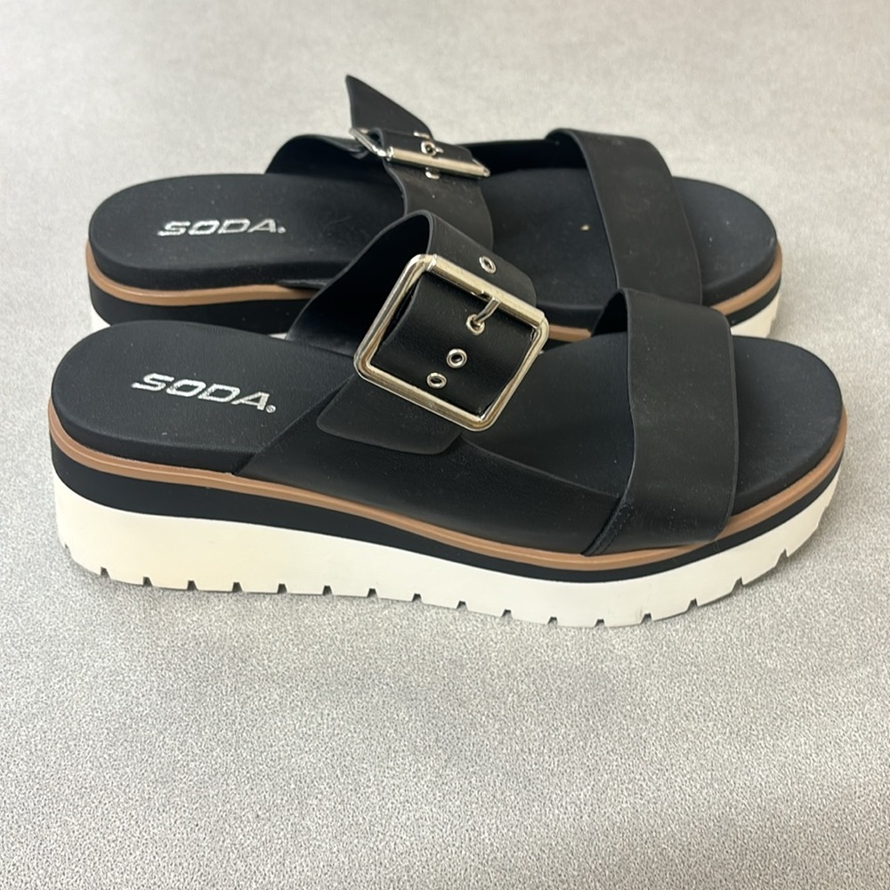 Soda Black Platform Buckle Slide Sandals with White Sole